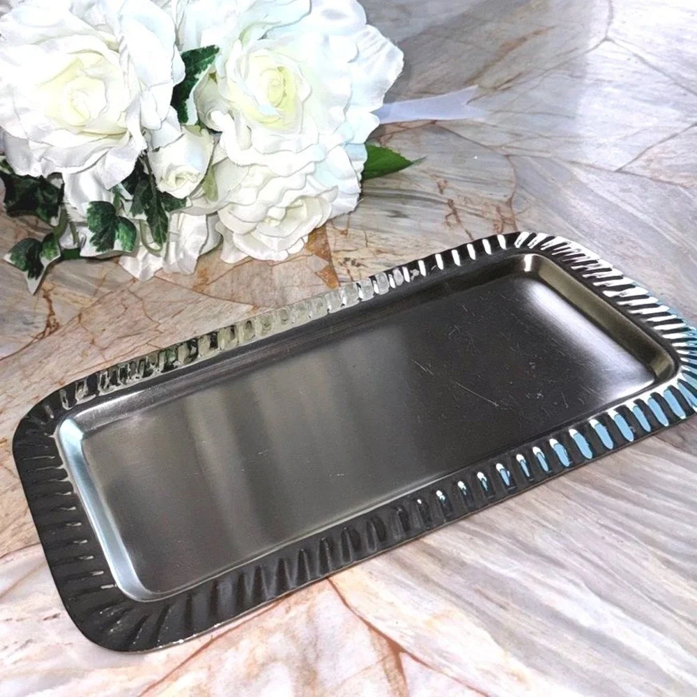 Ross Silver Rectangular Vanity Tray Fluted Border Metallic 9.5x4.5 Made in India